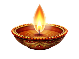 Ornate terracotta diya lamp glowing bright flame isolated on a transparent background light