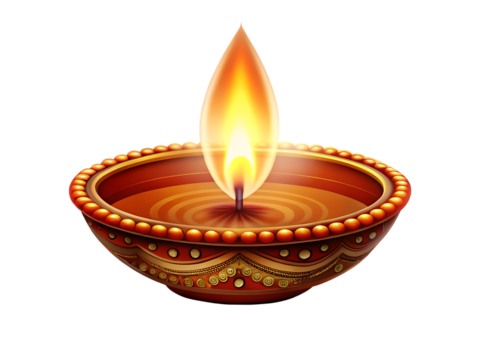 Ornate terracotta diya lamp glowing bright flame isolated on a transparent background light - Powered by Adobe