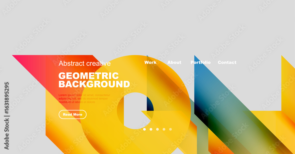 Poster modern website header design. vibrant geometric shapes, text overlay, navigation menu present. clean