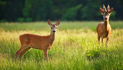 Obraz premium young roe deer standing alert in grassy meadow while another walks away in background wildlife scenery concept of nature wildlife observation deer habitat forest animals