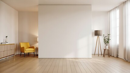Fototapeta premium Minimalist Interior With Yellow Armchair And Floor Lamp wooden floor