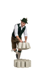 PNG cut out isolated background. A full-length portrait of a young waiter in traditional Bavarian lederhosen, captured in a dynamic pose.