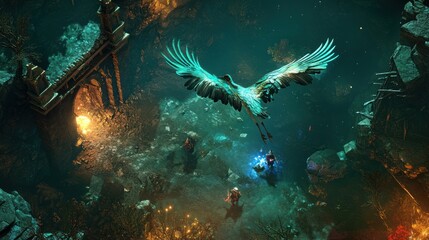 Obraz premium Emerald avian soars above ancient ruins in a mystical landscape