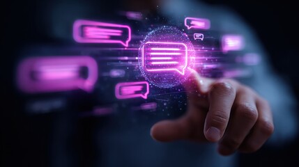 A finger touching a glowing chat bubble surrounded by other chat bubbles in a dark setting