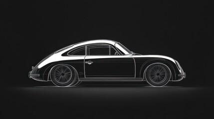 Striking minimalist line art of vintage sports car on sleek black background