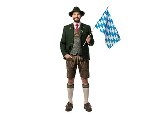 PNG cut out isolated background. A full-length portrait of a proud man in full, traditional Bavarian attire, including lederhosen and a hat, smiling while waving the blue and white checkered flag.