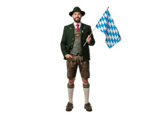 PNG cut out isolated background. A full-length portrait of a proud man in full, traditional Bavarian attire, including lederhosen and a hat, smiling while waving the blue and white checkered flag.