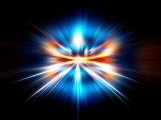 Intricate glowing rings of blue and orange light emanate from a central point, creating a...