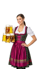 PNG cut out isolated background. A portrait of a beautiful and confident young waitress wearing a traditional Bavarian dirndl dress carrying a large cluster of glass mugs full of beer for Oktoberfest.