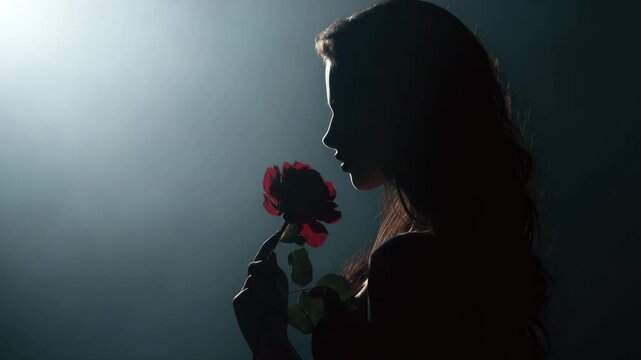 Silhouette woman holding red rose, dramatic lighting background. Delicate features, flowing hair. Flower symbolizes love, young beauty. Mystery and romance. Femininity, passion, emotional expression.