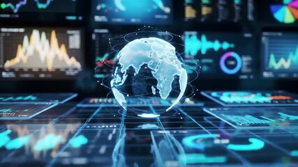 Futuristic global data analytics hub with rotating holographic Earth, dynamic dashboards, and animated data streams - Powered by Adobe