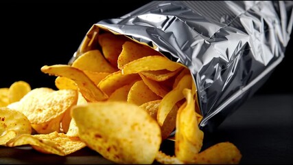 Inflammatory foods. Potato chips spilling from a shiny bag against dark background.