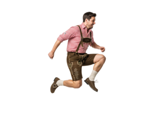 PNG cut out isolated background. An energetic man in traditional Bavarian attire jumps for joy at Oktoberfest.

