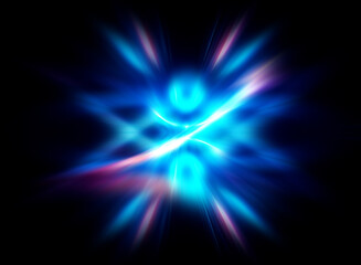A vibrant, abstract image featuring a central glowing orb encircled by radiating streaks of light...