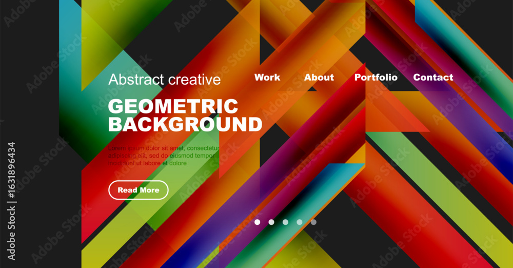 Poster bright geometric background features vibrant colors, diagonal lines, text overlay, navigation menu. 