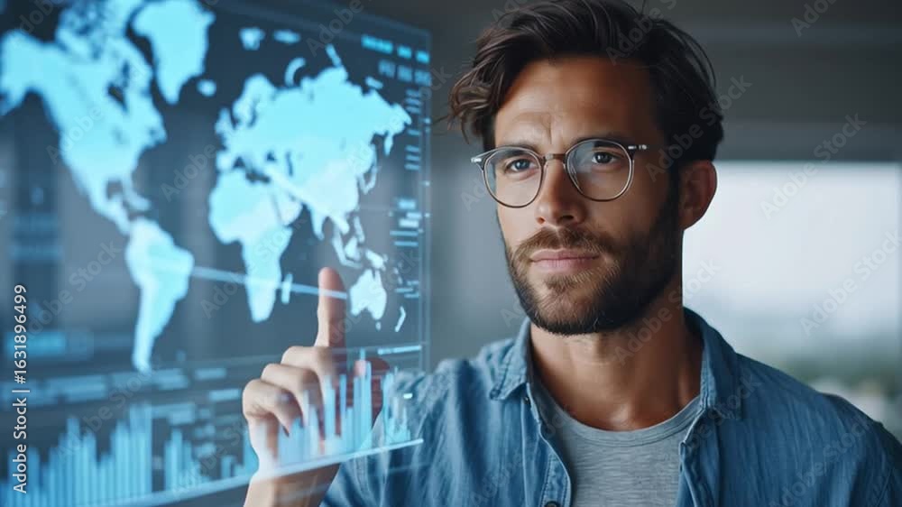 Poster a technology analyst interacts with a high-resolution smart screen displaying global data visualizat