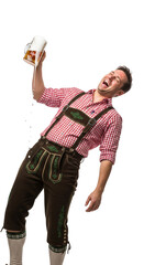 PNG cut out isolated background. A full-length portrait of a funny man in traditional Bavarian lederhosen, laughing and splashing beer from a large glass mug during a boisterous Oktoberfest.