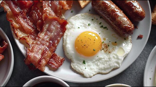 Inflammatory foods. Plate with bacon, sausage, fried egg, toast and butter.