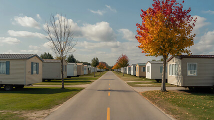 Mobile Home Park with a Road and Houses, Featuring a Bright Red and Yellow Autumn Tree manufactured homes