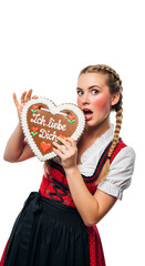 PNG cut out isolated background. A portrait of a beautiful young woman in a traditional Bavarian dirndl dress, holding a gingerbread heart (Lebkuchenherz) with the German text 'Ich liebe Dich'