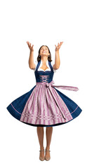 PNG cut out isolated background. A full-length portrait of a happy young woman in a traditional Bavarian dirndl dress. She is laughing and twirling in a joyful dance while tossing confetti.