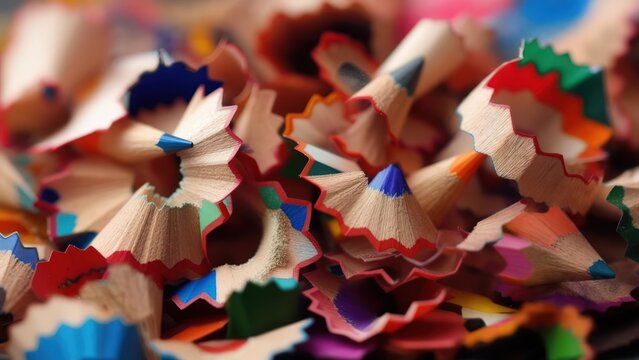 A vibrant macro landscape of colorful, jagged-edged pencil shaving curls and points.
