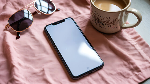 Overhead view of a smartphone with a blank screen next to sunglasses and a coffee mug on a pink fabric