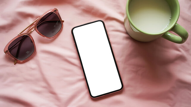 Pink fabric with a smartphone, sunglasses, and a green mug of milk, flat lay composition mobile phone