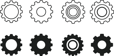 Gear and cogwheel icon set, mechanical symbol, setting and preference, industrial icon, flat vector illustration, engineering, machinery, progressu.