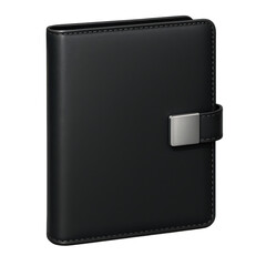 Black leather notebook with silver clasp isolated transparent