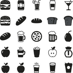 Collection of various food and beverage icons, including burgers, bread, and drinks.