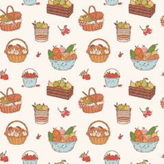 Seamless hand-drawn color pattern with crates of fruits and vegetables, baskets of mushrooms, and buckets of berries. Bright natural style for autumn and harvest themes