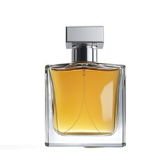 Front view of a perfume bottle with a minimalistic flat profile and silver rimmed edges, white blank label, studio shot, isolated on a white background
