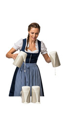 PNG cut out isolated background. A portrait of a beautiful woman in a traditional Bavarian dirndl, looking down as she clinks four large glass mugs together at Oktoberfest.