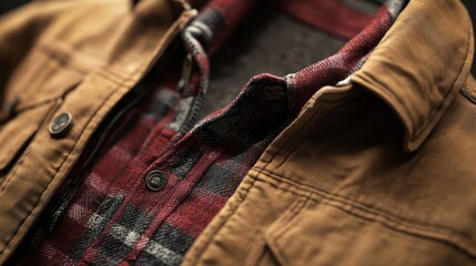 Worn canvas jacket layering a red and black plaid flannel shirt detail