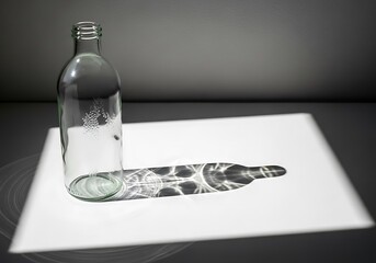 An empty glass bottle casts an intricate shadow pattern on a white surface creating an optical
