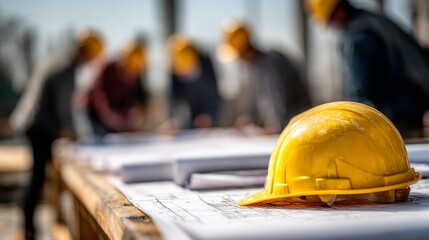 Fototapeta premium Yellow Safety Helmet on Construction Blueprint with Team in Background