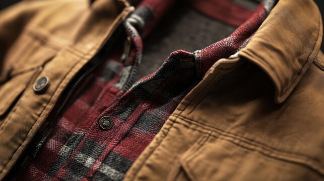 Worn canvas jacket layering a red and black plaid flannel shirt detail