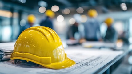 Yellow Safety Helmet on Construction Blueprint with Team in Background