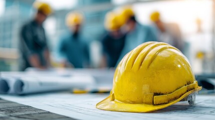 Yellow Safety Helmet on Construction Blueprint with Team in Background