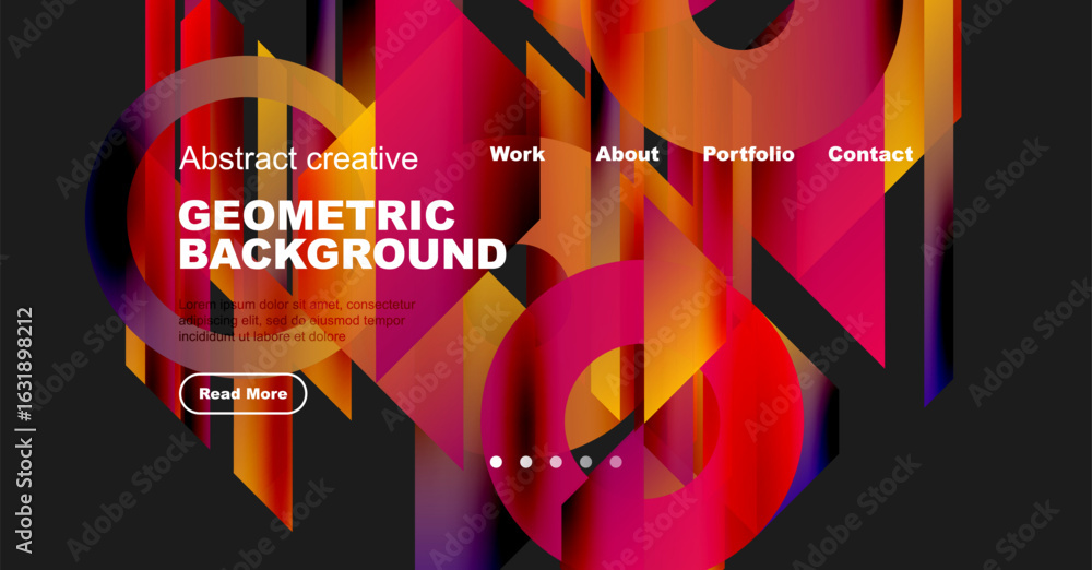 Poster vibrant geometric design. website header features bold text, navigation, plus colorful abstract shap