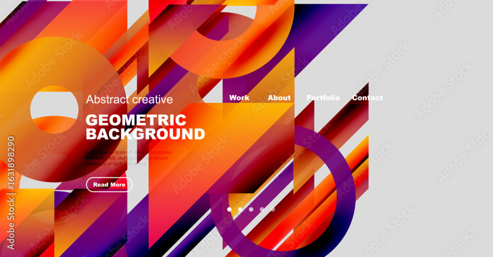 Poster dynamic abstract design features vibrant geometric shapes, text overlays, navigation menu. modern ae