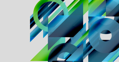 Abstract geometric composition. Blue, green shapes overlap, creating dynamic visual effect. Modern design elements present.