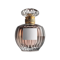 Front view of a perfume bottle with an art deco-inspired design and a gold-toned cap, white blank label, studio shot, isolated on a white background