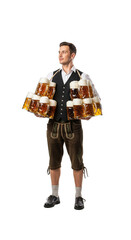 PNG cut out isolated background. A full-length portrait of a handsome and happy young waiter wearing traditional Bavarian lederhosen. He is smiling while skillfully carrying many large glass mugs.