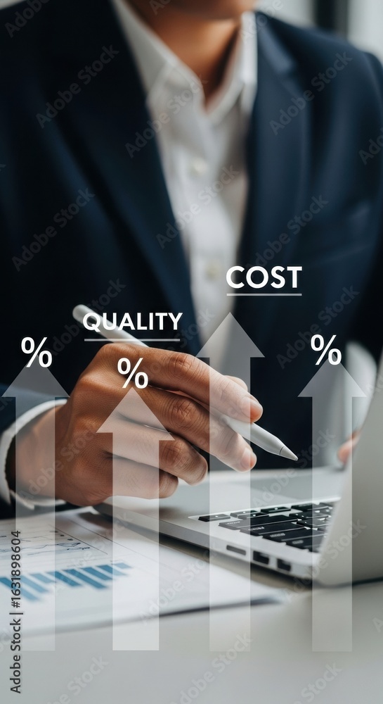 Poster business professional using stylus with quality and cost metrics. corporate performance analysis con