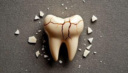 Top view of a cracked tooth on a textured surface with scattered fragments and copy space. Ideal for dental awareness campaigns, oral health branding, and World Oral Health Day visuals.
