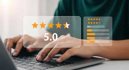 Person typing on laptop with customer satisfaction overlay. Digital illustration of hands on keyboard with 5-star rating. Business professional using laptop with transparent review system.