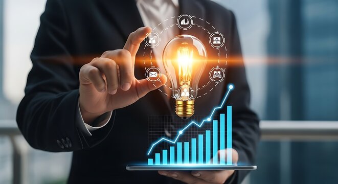 Businessman's hand holding a glowing light bulb with digital icons while a tablet displays a rising financial graph.
