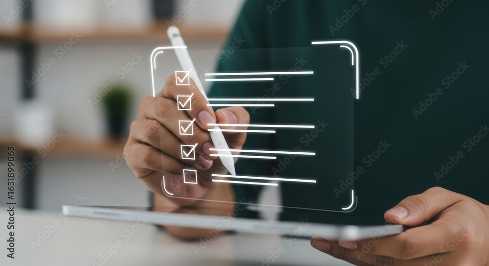 Poster person checking digital checklist on tablet with white stylus. futuristic productivity concept with 